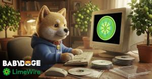 BabyDoge mascot at a computer with the LimeWire logo, symbolizing the Web3 acquisition of the legendary brand.