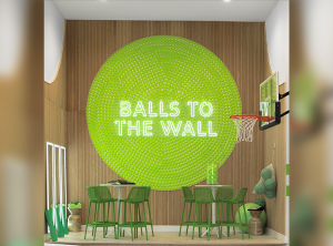 Custom Balls to the Wall LED neon sign featured on HGTV Rock the Block Season 7 in a house designed