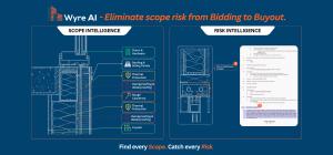 Wyre AI platform screenshot showing two core capabilities side by side: Scope Intelligence, with color-coded trade scope assignments mapped to a construction drawing detail, and Risk Intelligence, with a document conflict flagged between drawings and spec