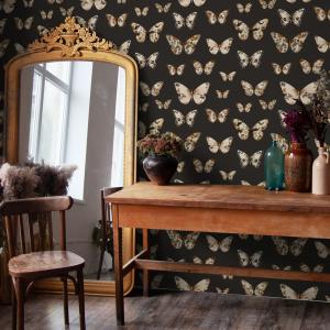 Botanical Wallpaper with Vintage Floral Butterflies in Brown, Beige, and Black - E623 — ONDECOR dark academia wallpaper collection
