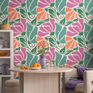 Floral Wallpaper with Abstract Blooms in Pink, Orange and Green - E365 — ONDECOR colorful wallpaper collection