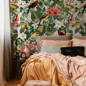Botanical Wallpaper with Tropical Birds and Flowers in Green and Red - E617 — ONDECOR colorful wallpaper collection