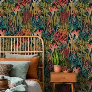 Coastal Wallpaper Featuring a Coral Reef and Seaweed in Red, Teal, and Green - E684 — ONDECOR colorful wallpaper collection