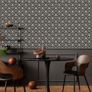 Art Deco Wallpaper with a Tropical Palm Tree Motif in Black and Cream - E708 — ONDECOR art deco wallpaper collection