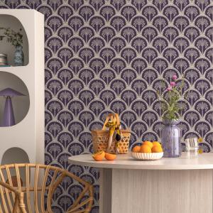 Art Deco Wallpaper Featuring Tropical Palm Trees in Purple and Cream - E707 — ONDECOR art deco wallpaper collection