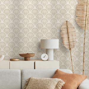 Art Deco Wallpaper with Stylized Palm Trees in a Scallop Motif in Beige and Cream - E710 — ONDECOR art deco wallpaper collection