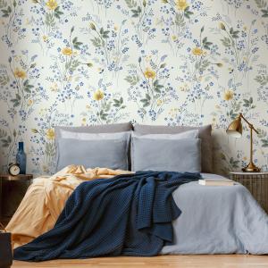 Floral Wallpaper Featuring Delicate Wildflower Bouquets in Yellow, Blue, and Green - ZAEJ — ONDECOR blue and yellow wallpaper collection