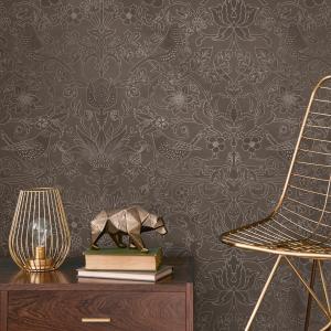 Damask Wallpaper with an Intricate Bird and Floral Motif in Brown and Silver - E698 — ONDECOR bird wallpaper collection