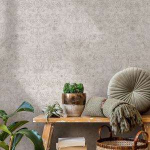 Vintage Wallpaper - Arts and Crafts Damask with Birds and Flowers in Greige - E700 — ONDECOR bird wallpaper collection