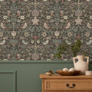Damask Wallpaper - Vintage Arts and Crafts Bird & Floral in Brown, Blue, and Pink - E696 — ONDECOR bird wallpaper collection