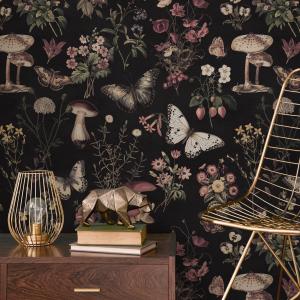 Dark Botanical Wallpaper with Moths and Mushrooms in Pink and Beige - E289 — ONDECOR mushroom wallpaper collection