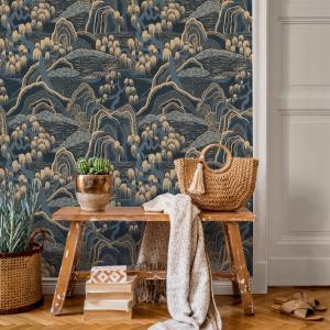 Chinoiserie Wallpaper with a Japanese Mountain Landscape in Navy Blue and Beige - E321 — ONDECOR gold and navy wallpaper collection