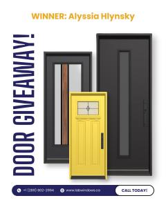 Graphic announcing Alyssia Hlynsky won the door giveaway, featuring three sample entry doors and LAB Windows contact information.