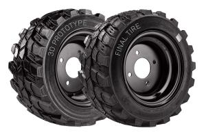 Side-by-side comparison photo of a 3D printed tire and the actual produced tire.