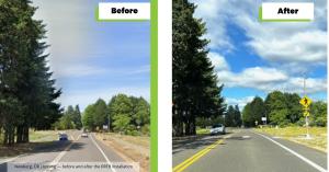 Before-and-after comparison showing pedestrian crossing safety improvements in Newberg, OR