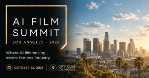 LA AI Film Summit 2026 official event graphic featuring the Los Angeles skyline, October 24, 2026, at City Club Los Angeles.