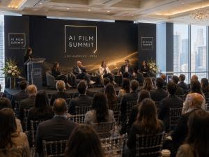 Concept visualization of an industry panel at LA AI Film Summit 2026 with speakers and attendees overlooking downtown Los Angeles.