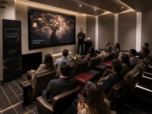 Screening room at City Club Los Angeles featuring theater-style seating and a large projection screen for Tyrannus Angel Awards