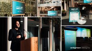 Composite of four photographs from the 2025 Aotearoa AI Awards and AI Summit, showing event signage, Damon Kelly speaking at a lectern, the awards ceremony programme, and the Summit stage.