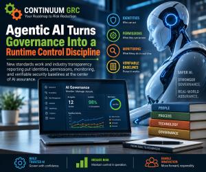 Continuum GRC Agentic AI governance graphic highlighting runtime controls for AI identities, permissions, continuous monitoring, verifiable security baselines, risk management, and AI assurance.
