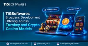 TIGSoftwares turnkey and crypto casino software development platform shown across desktop and mobile with slot games, Bitcoin, and Ethereum integrations