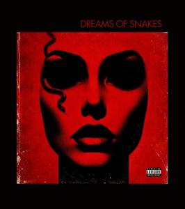 Surreal red portrait of a woman with a snake curling across her face and appearing to emerge near her eye.