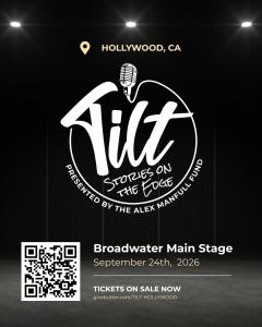 A round white logo against a black backdrop that says Tilt, stories from the edge in the middle.