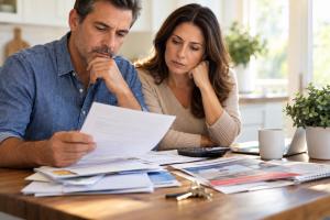 California couple reviewing mortgage and financial documents at a kitchen table with a calculator, laptop, mail, and house keys while evaluating foreclosure-prevention options.