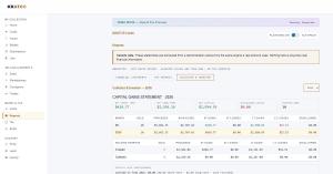 Screenshot of KKATC Cards software showing a capital gains statement with short-term and long-term gains, disallowed losses, and a breakdown between Investor and Collector holding purposes for a sample account