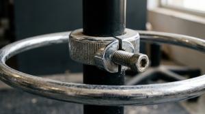 Close-up of the height-adjustment collar and clamp bolt that fix an adjustable footring to a draughtsman chair's gas lift column, the chrome worn where heels have rested