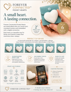 West Coast Memorials Forever Connected Pocket Heart featuring hidden NFC technology and cremated remains permanently blended into the handcrafted memorial keepsake