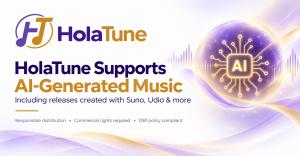 HolaTune press release graphic announcing support for AI-generated music distribution, including releases created with Suno and Udio.