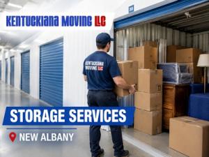 Kentuckiana Moving worker carrying moving boxes during a residential move in New Albany, Indiana.