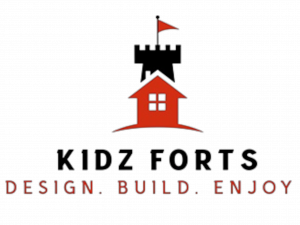 Red and black image of a house/castle with the title, Kidz Forts next to it, and the words, Design.  Build.  Enjoy under it.