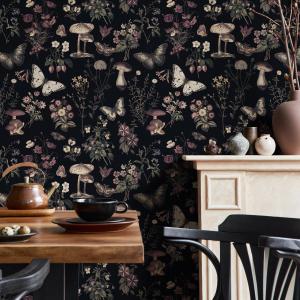 Vintage Botanical Wallpaper with Butterflies and Mushrooms in Black, Beige, and Mauve - E293 — ONDECOR mushroom wallpaper collection