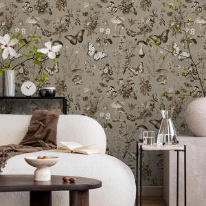 Vintage Botanical Wallpaper with Butterflies and Mushrooms in Brown and Beige - E292 — ONDECOR mushroom wallpaper collection