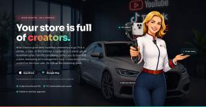 Hrizn Creator promotional graphic showing Clara recording beside a dealership vehicle with a smartphone gimbal, highlighting VIN-based scripts, FTC review and mobile content creation.