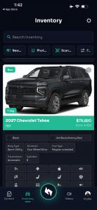 Hrizn Creator inventory screen showing a 2027 Chevrolet Tahoe RST with vehicle details, pricing, stock number, equipment and inventory search tools.