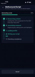 Hrizn Creator Walkaround Script screen showing vehicle research, profile loading, AI script generation and compliance review for a 2027 Chevrolet Tahoe RST.