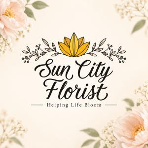 Sun City Florist logo with a golden floral icon and the tagline “Helping Life Bloom,” surrounded by soft blush flowers and greenery on a warm ivory background.