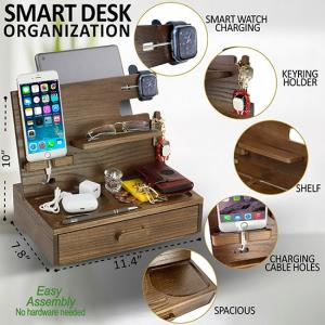 A desk organizer infographics calling out important aspects of the product