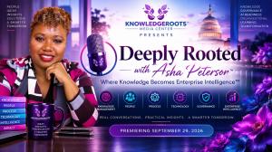 Promotional graphic for Deeply Rooted with Asha Peterson™, a KnowledgeRoots™ Media Center original program. The image features the KnowledgeRoots™ brand, a podcast microphone, Enterprise Intelligence™ themes, and topics including Knowledge Management, Peo