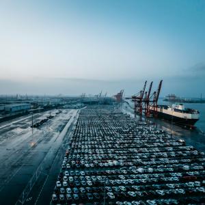Aerial view of a roll-on roll-off terminal vehicle yard