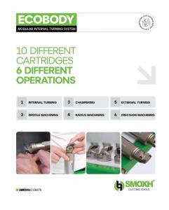 SMOXH ECOBODY product sheet listing ten E-Fit cartridge types and six machining operations they cover
