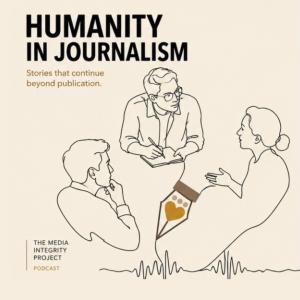 three people having dialogue with Humanity in Journalism title