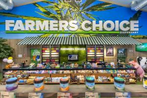 A long sales counter under a green and white striped awning, with a moss wall, drink coolers and a Farmers Choice sign over a cannabis leaf mural.