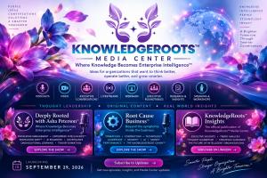 Promotional graphic for KnowledgeRoots™ Media Center featuring Deeply Rooted with Asha Peterson, Root Cause Business™, and KnowledgeRoots™ Insights. The platform focuses on Enterprise Intelligence™, Knowledge Management, AI readiness, organizational perfo