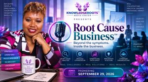 Promotional graphic for Root Cause Business™, a KnowledgeRoots™ Media Center podcast featuring Asha Peterson. The image highlights root cause analysis, process optimization, operational excellence, innovation, and business performance. Premiering Septembe