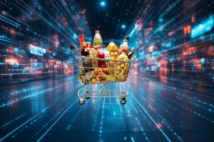 Shopping cart filled with groceries in a digital data environment, representing Basket Signals, Omnisient’s privacy-preserving platform for banks to use AI on anonymized retailer shopping behavior.