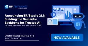 ER/Studio 21.1 announcement graphic highlighting new semantic modeling capabilities for AI, analytics, governance, Power BI, and dbt.